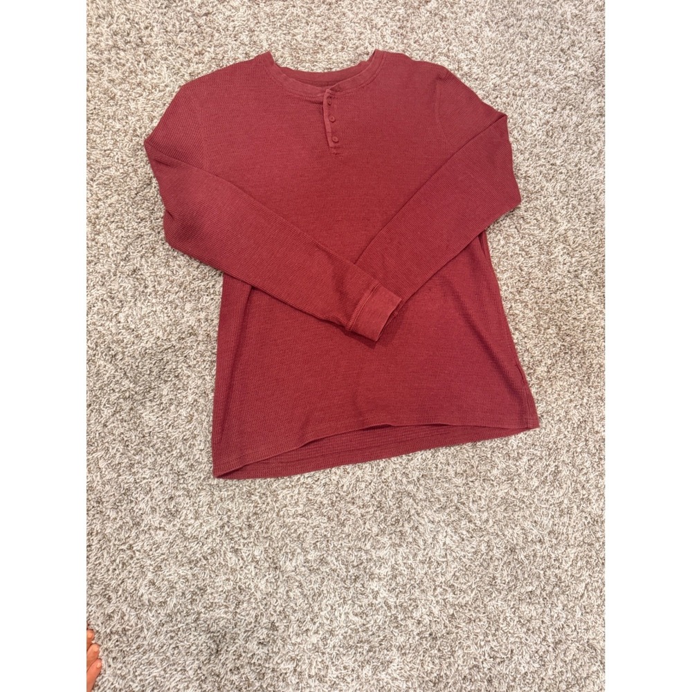 George Mens XLT Henley Shirt Long Sleeve Burgundy Red Waffle‎ Knit Thermal Top